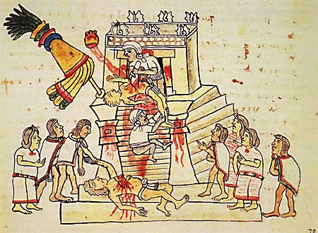 Darstellung von Menschen- bzw. Herz-Opfern aus dem Codex Magliabecchiano, 16. Jh. Man beachte, wie das Herz zum Himmel schwebt. Unten nehmen Kaufleute die Körper der Sklaven entgegen, die sie als Opfer gestiftet haben, um sie zuhause mit Gästen in einem gemeinsamen Mahl zu verzehren, in dem sie mit ihrem Gott eins zu werden hoffen - wie die Christen, die dies allerdings nur symbolisch vollziehen: Brot = Leib, Wein = Blut (sog. Kommunion bzw. Danksagung = Eucharistie); manche Forscher nehmen an, auch die Indianer hätten diese Opfer nur symbolisch vollzogen.