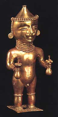 Goldfigur, Quimbaya, Ethnologisches Museum Berlin-Dahlem. Eine solche Goldfigur enthielt Kalk, den man benötigte, um sich mit Koko in heilige Trance zu versetzen - was dem gemeinen Volk natürlich nicht gestattet war.