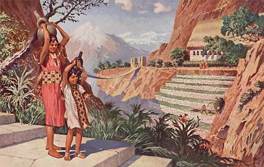 Man beachte die Hängebrücke und die Terrassenfelder im Hintergrund.