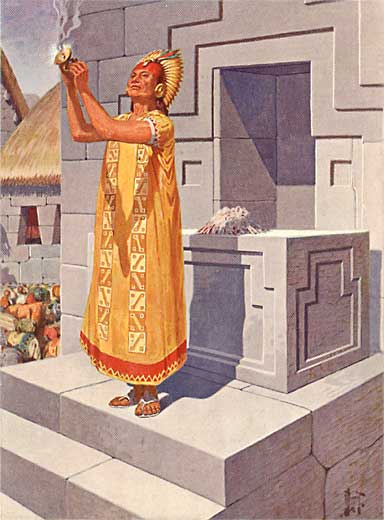 Der Inka-Sonnenpriester entzündet hier Werg mit einem Hohlspiegel und den Strahlen der Heiligen Sonne, die der Inka auf Erden verkörpert. Die Sonne also wird das Opferfeuer in Brand setzen. Archäologisch korrekte Darstellung aus dem National Geographic Magazine (Näheres s. impressum.htm).