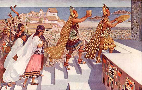 Hier tragen Priester eine goldene Sonnenscheibe in ihren Tempel. Es folgen die dem Dienst der Sonne geweihten Sonnenjungfrauen, die gelegentlich auch der Sonne geopfert wurden. Das Menschenopfer ist auch bei den Inka noch bekannt, scheint aber gegenüber früheren Zeiten, z.B. im Vergleich mit den Moche deutlich zurückzugehen. Immer wieder findet man allerdings die im Permafrost der Bergeshöhen dargebrachten und bestens erhaltenen Kinderopfer. Man beachte die im Hintergrund am Boden demütig hingestreckten Massen (sog.e Prostration).