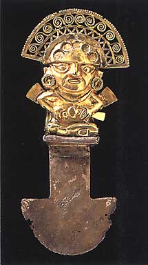 Opfermesser mit Goldgriff und Silberklinge, Lambayeque, Peru, Ethnologisches Museum Berlin-Dahlem.